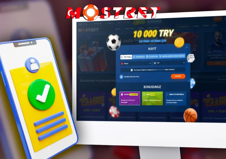 Mostbet kayıt formu ve 10 000 TRY bonus ekranı